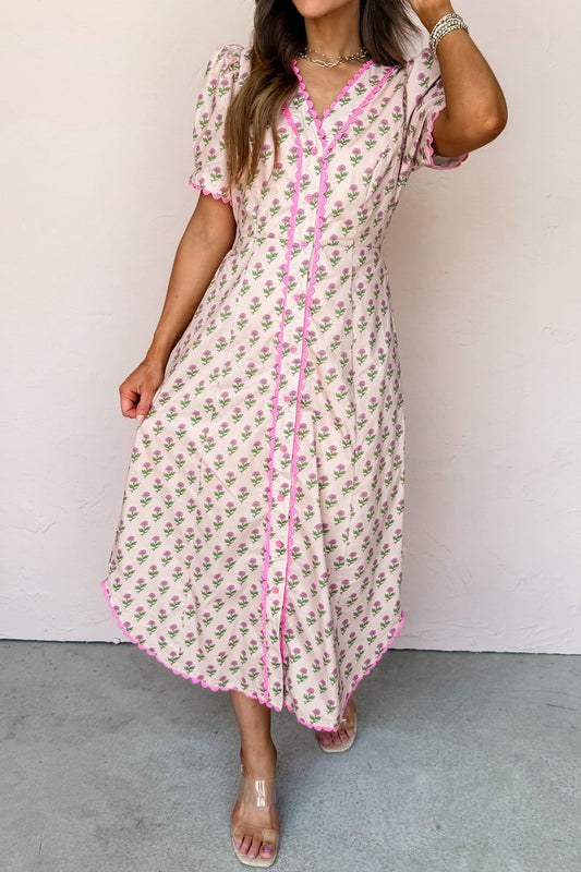 V-neck Short Sleeve Floral Dress