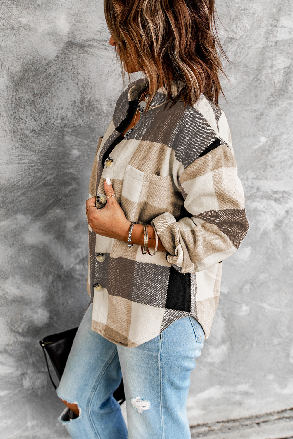 Color Block Buttoned Plaid Shackets