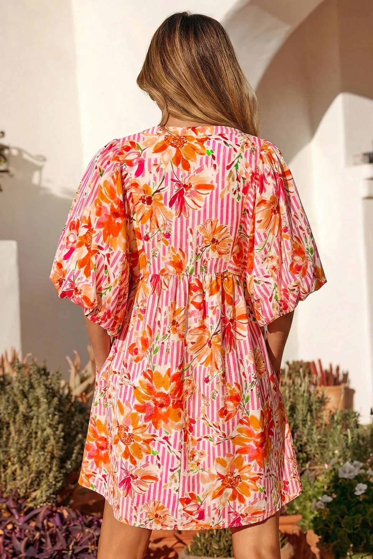Striped Puff Sleeve Floral Dress
