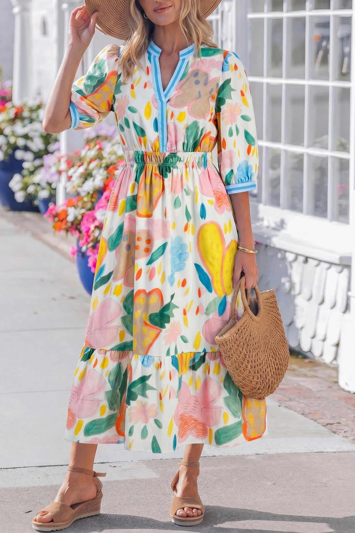 Doodle Striped V-neck Floral Dress