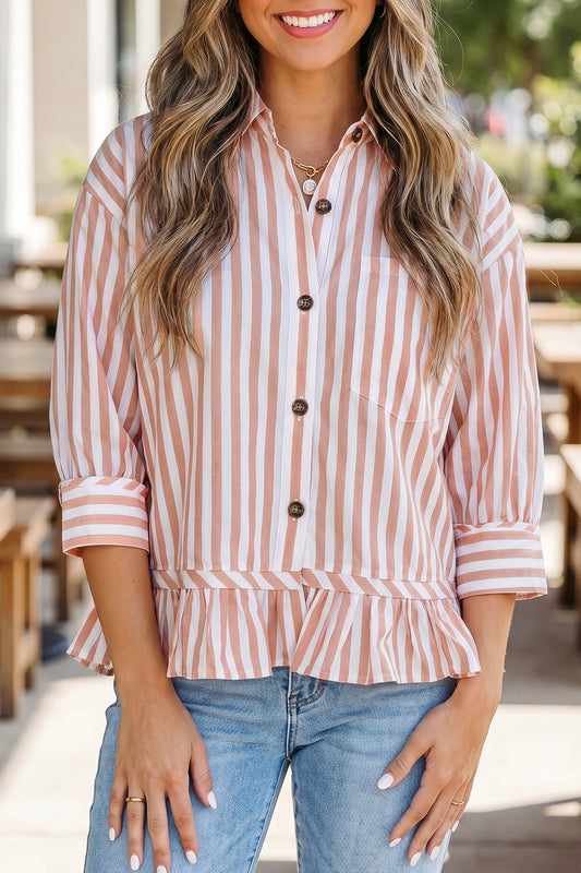 Stripe Collar Ruffle Hem Blouse