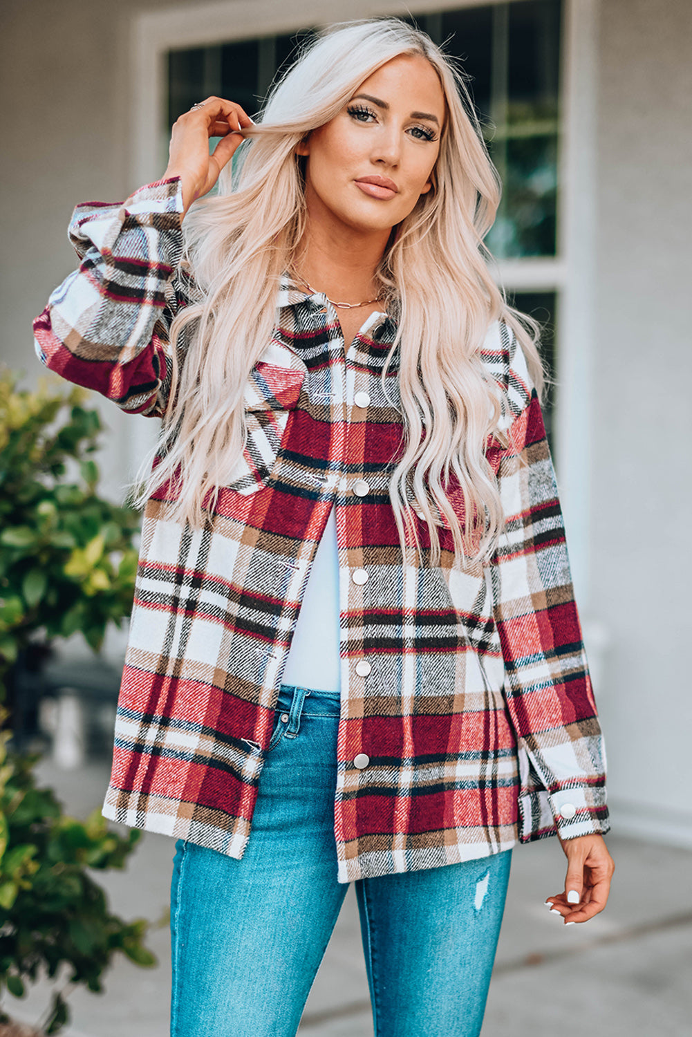 Fiery Geometric Pocketed Plaid Shackets