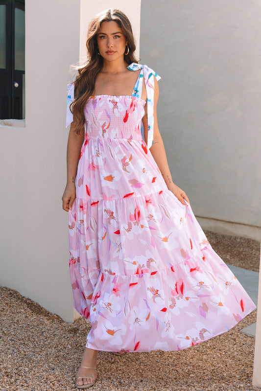Knotted Smocked Maxi Floral Dress