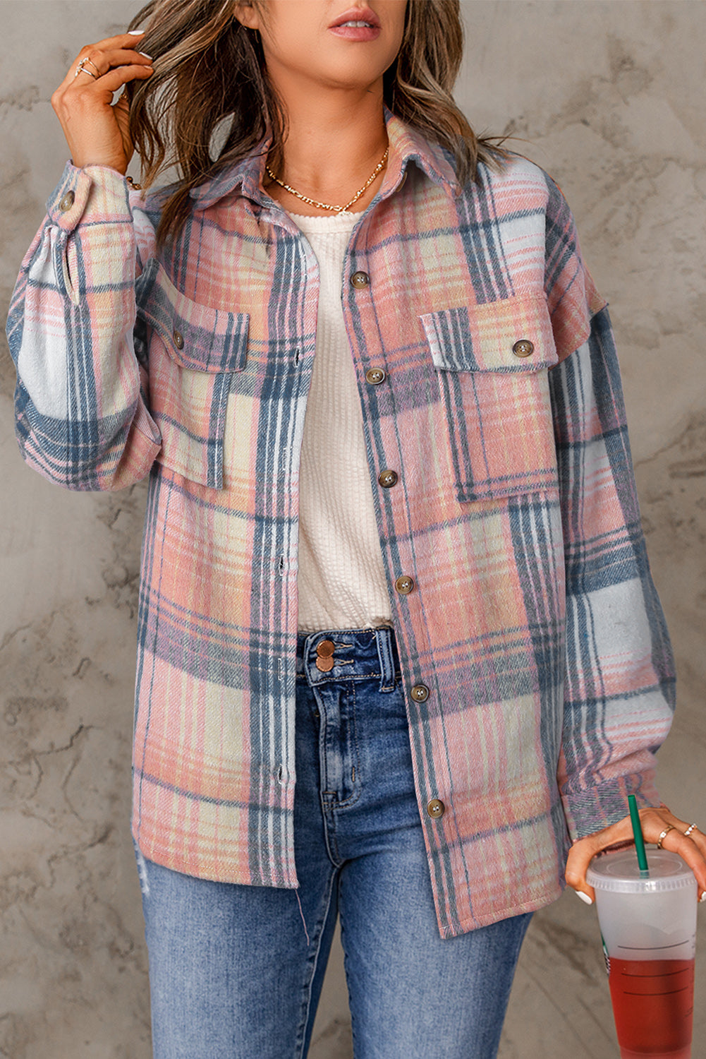 Flap Pockets Shacket Plaid Shackets