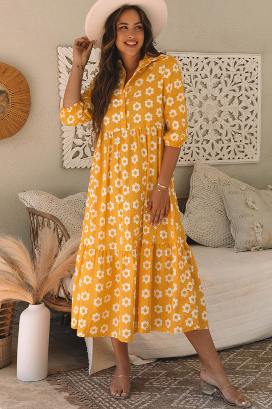 Flower Buttons Collared Maxi Dress