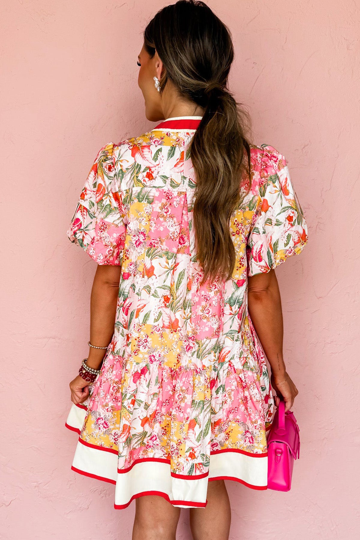 Color Block V-neck Floral Dress