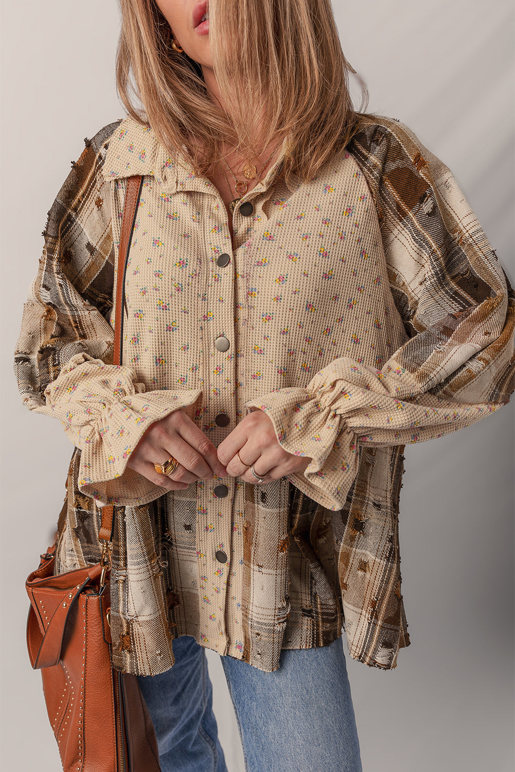 Boho Floral Ruffled Plaid Shackets