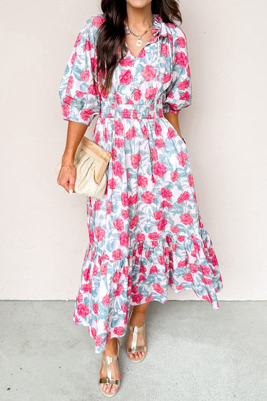 Puff Sleeve Midi Floral Dress