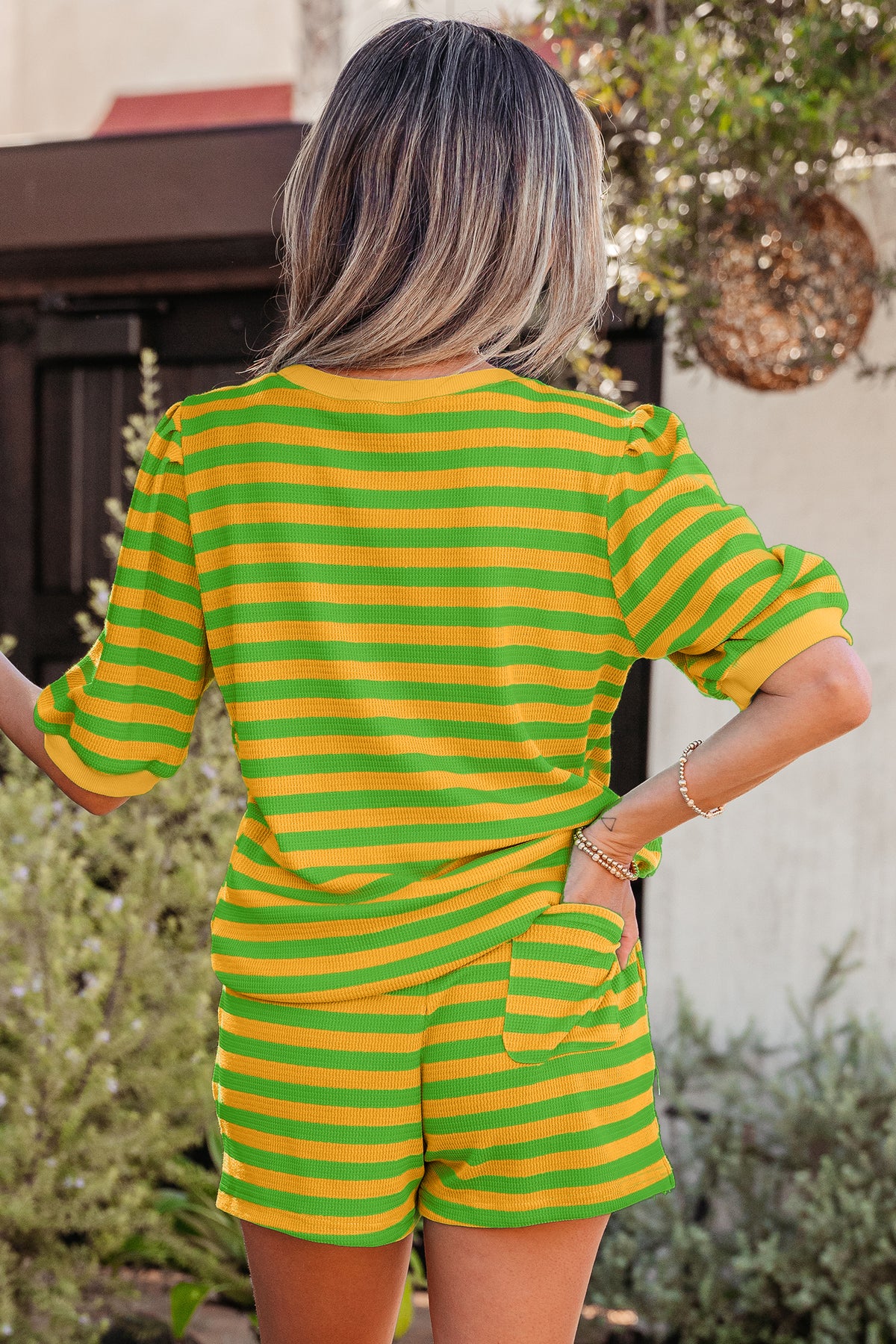 Stripe Puff Shirt Short Set