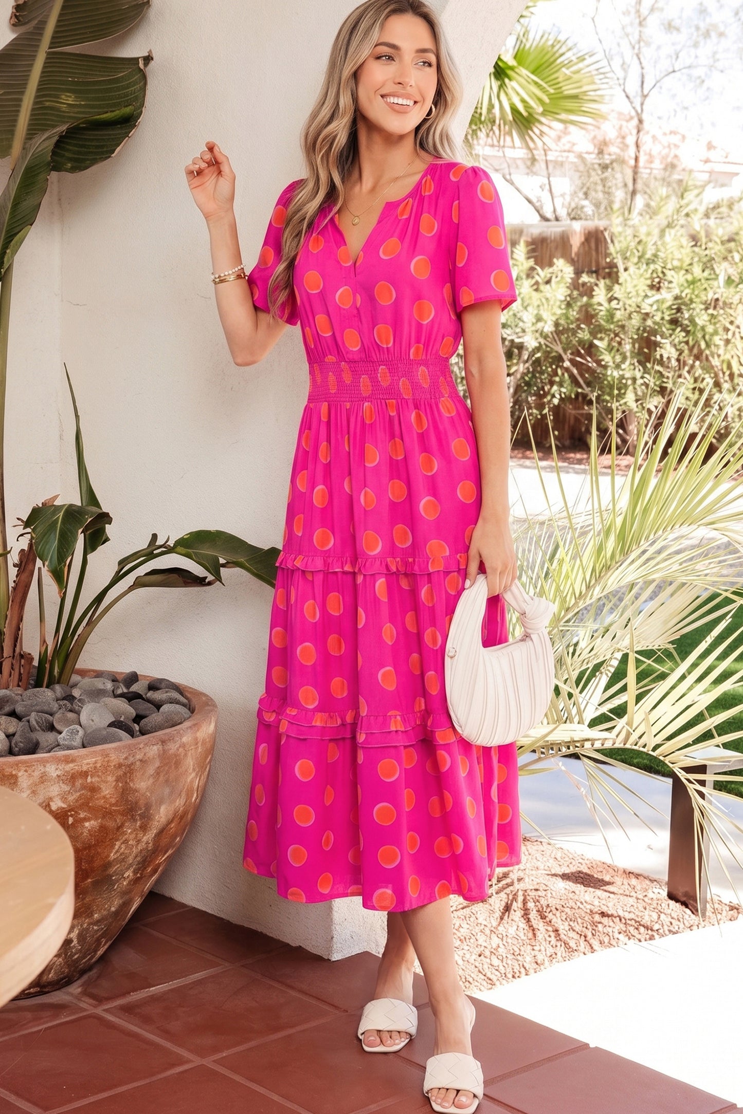 Polka Dot Shirred Midi Dress