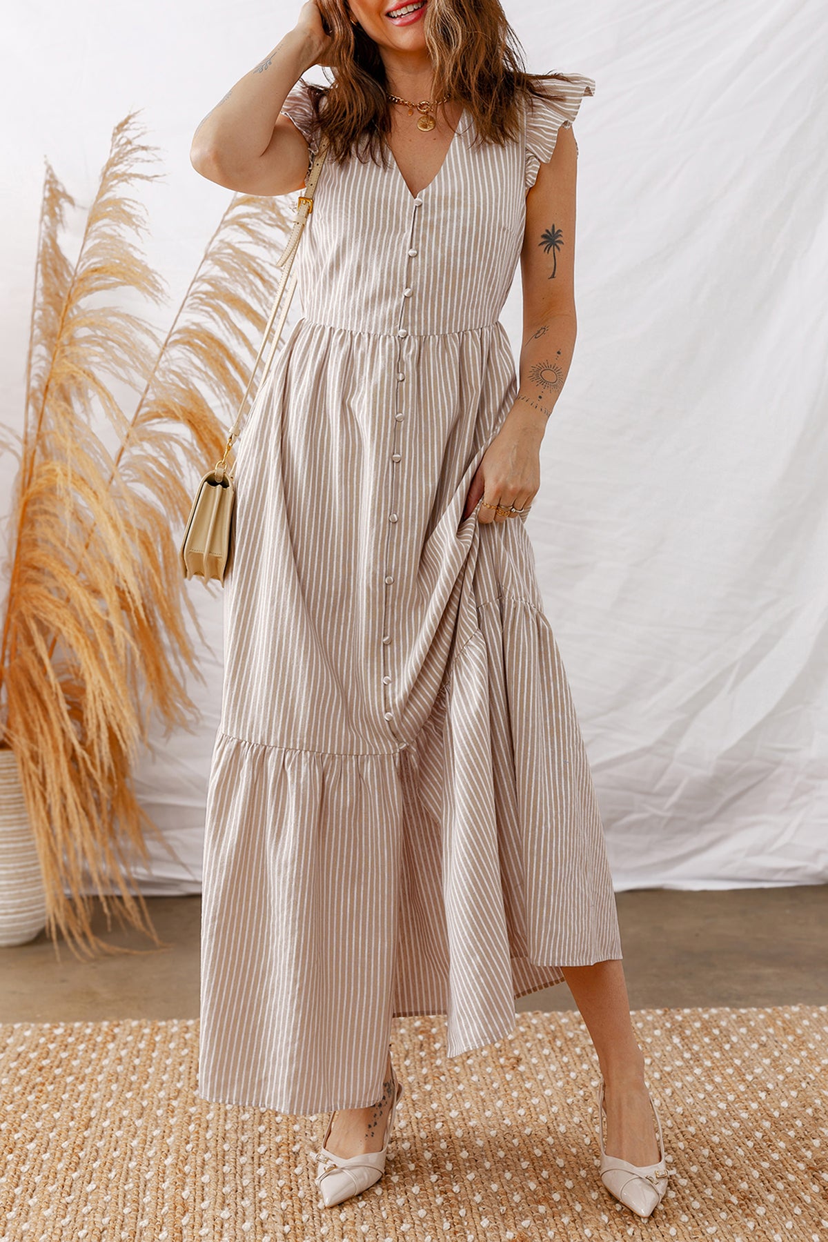 Stripe Flutter Sleeve Maxi Dress