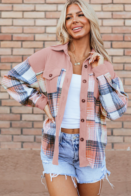 Corduroy Chest Pocket Plaid Shackets