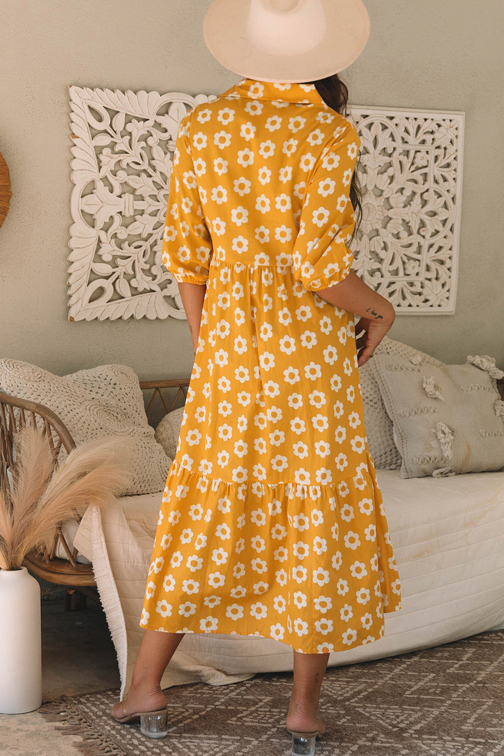 Flower Buttons Collared Maxi Dress