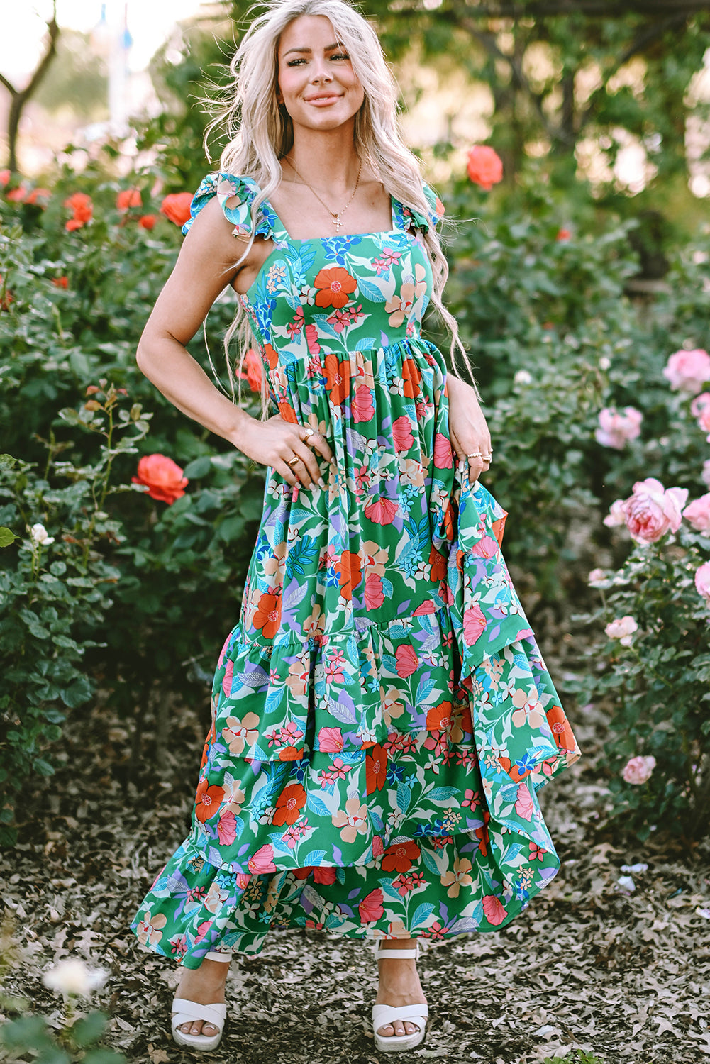 Sleeveless Ruffle Tiered Floral Dress