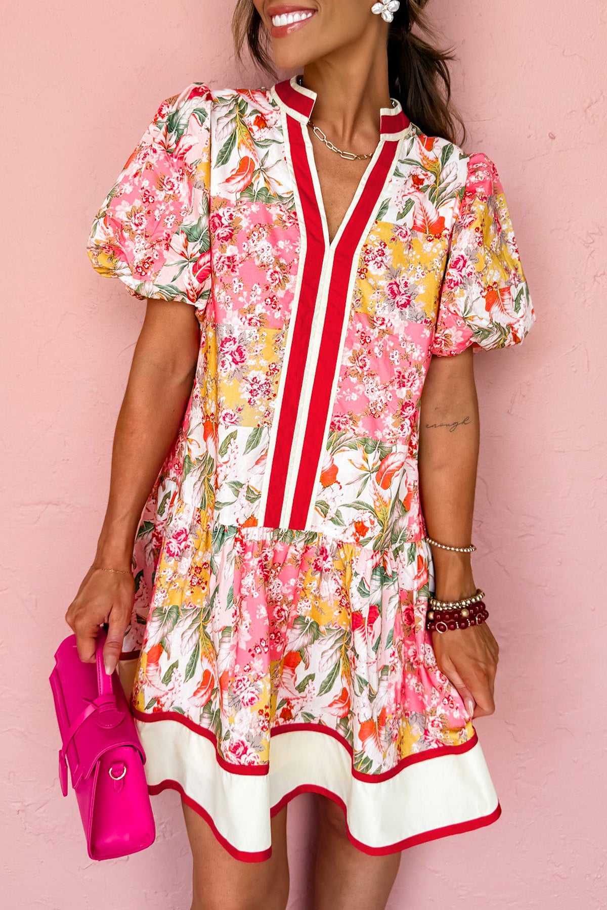 Color Block V-neck Floral Dress