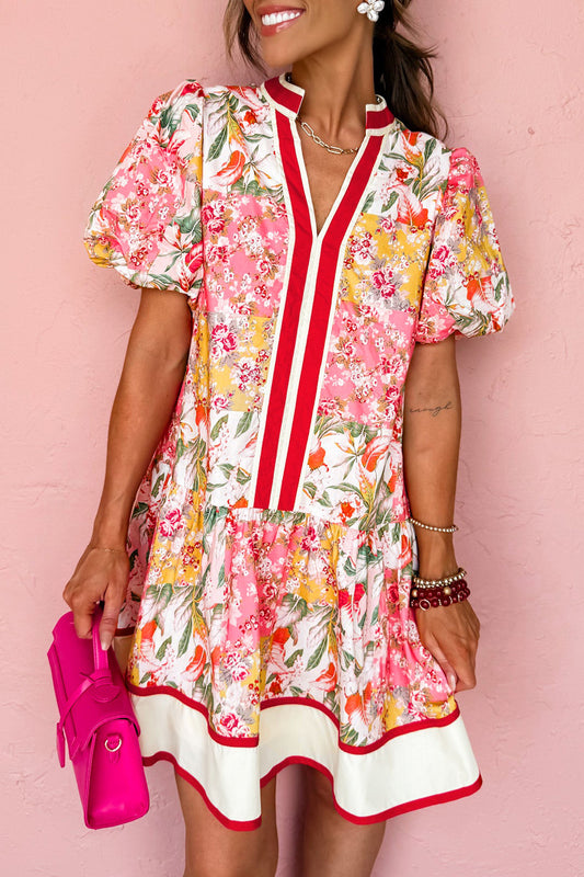 Color Block V-neck Floral Dress