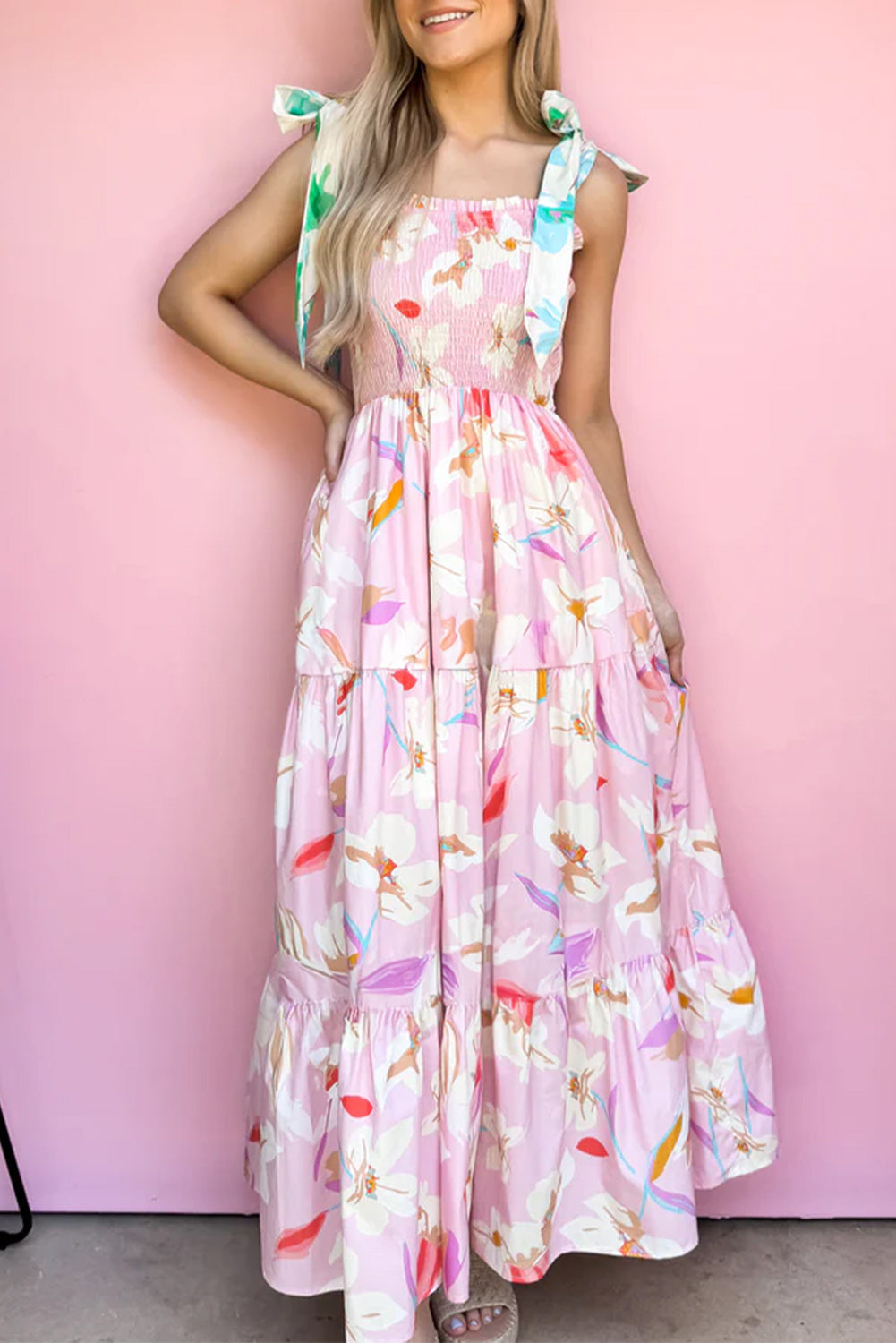 Knotted Smocked Maxi Floral Dress