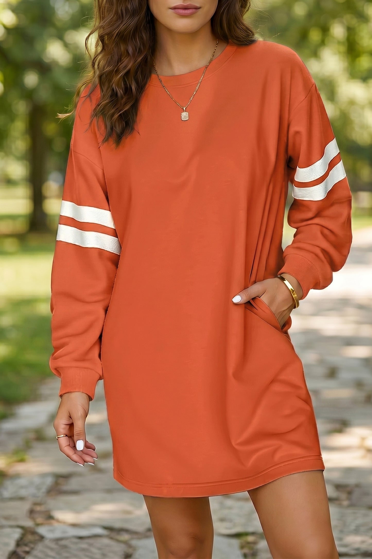 Fiery Red Varsity Contrast Banded Sleeve Shift Sweatshirt Dress
