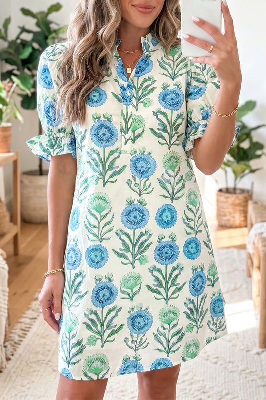 Button Short Sleeve Floral Dress