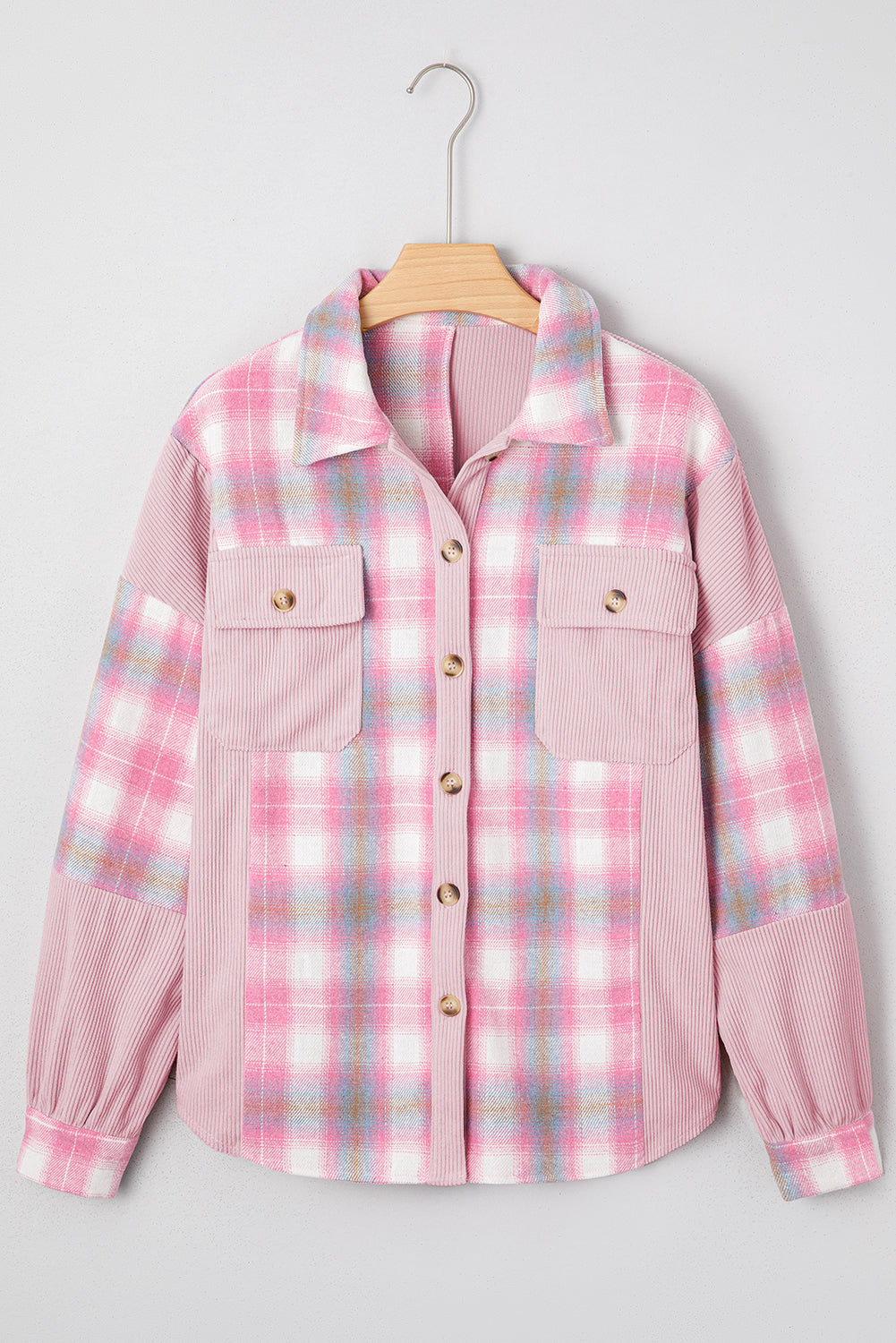 Brushed Corduroy Flap Plaid Shackets