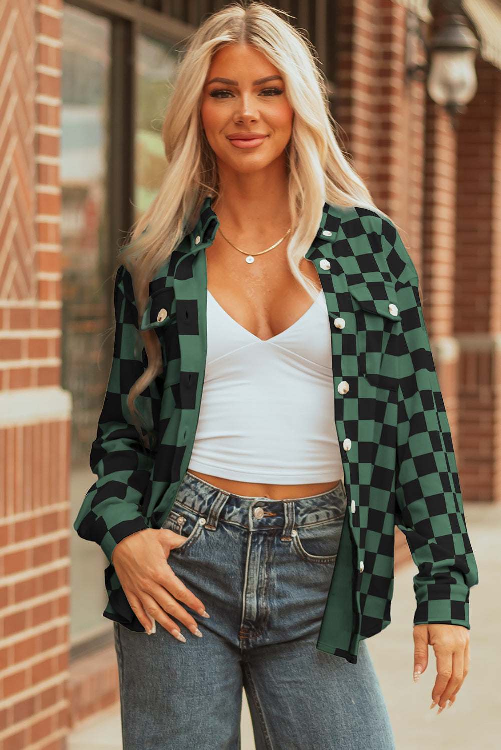 Checkerboard Button Front Plaid Shackets
