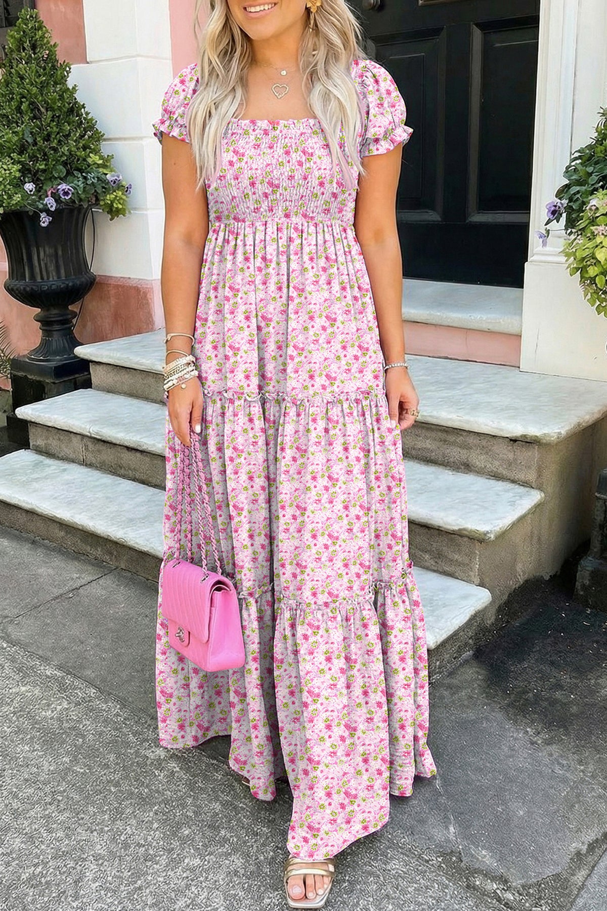 Floral Short Shirred Maxi Dress