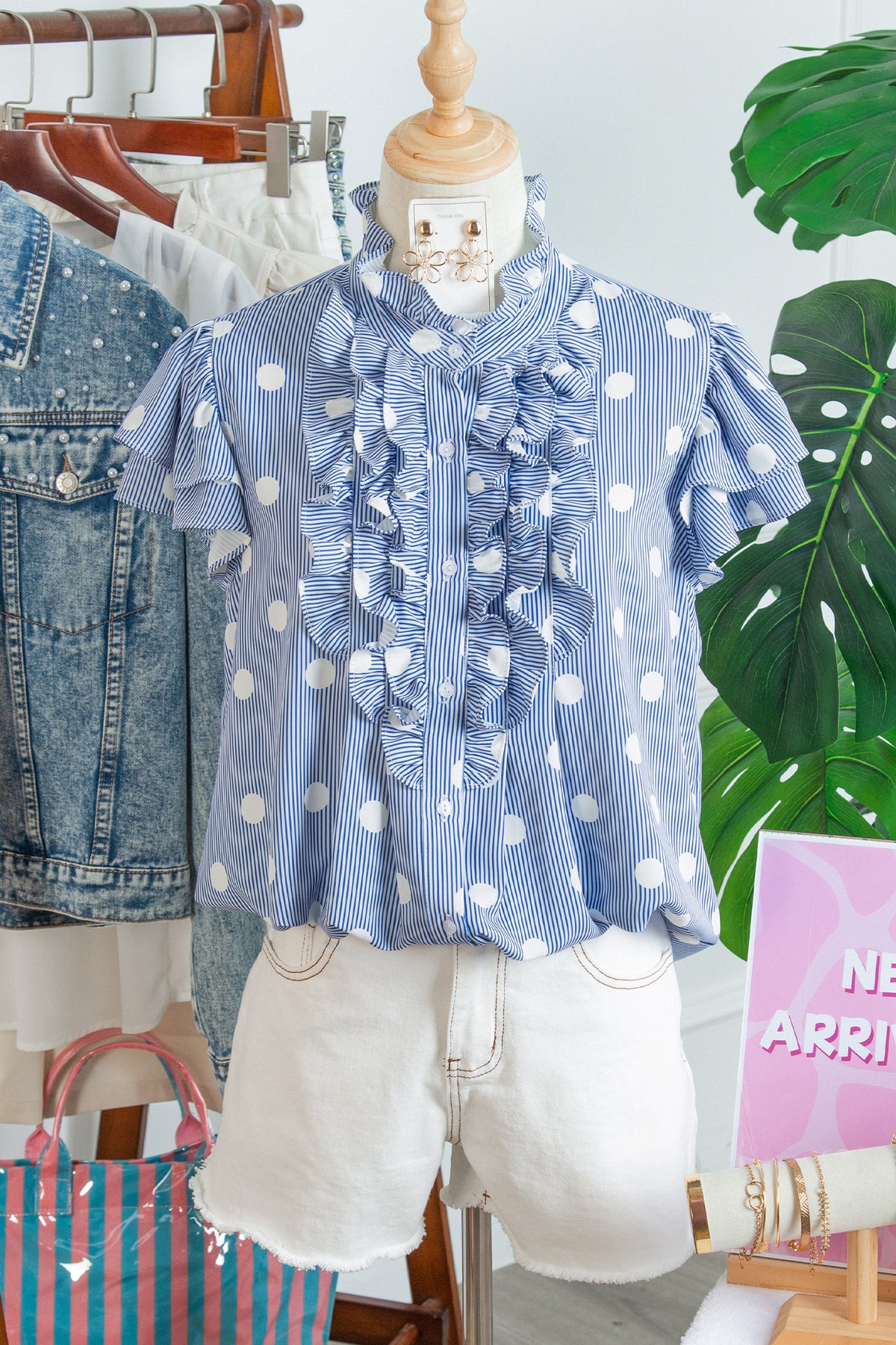 Stripe Polka Dot Ruffle Blouse