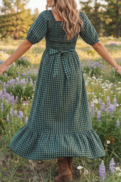 Shirred Ruffle Hem Maxi Dress