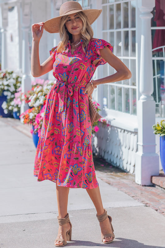 Flutter Sleeve Belted Floral Dress