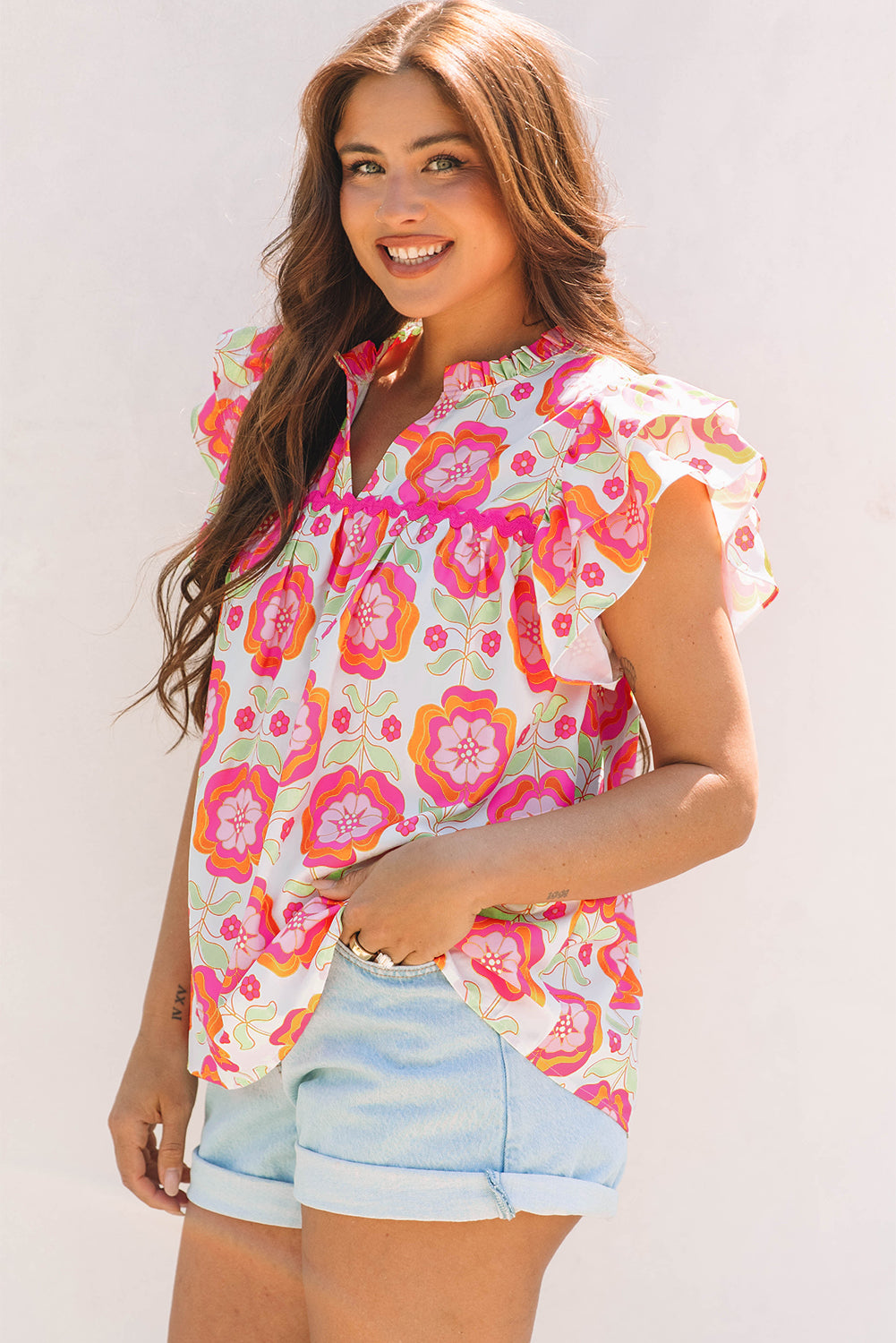 Floral Ruffled Sleeve Ric-rac Blouse