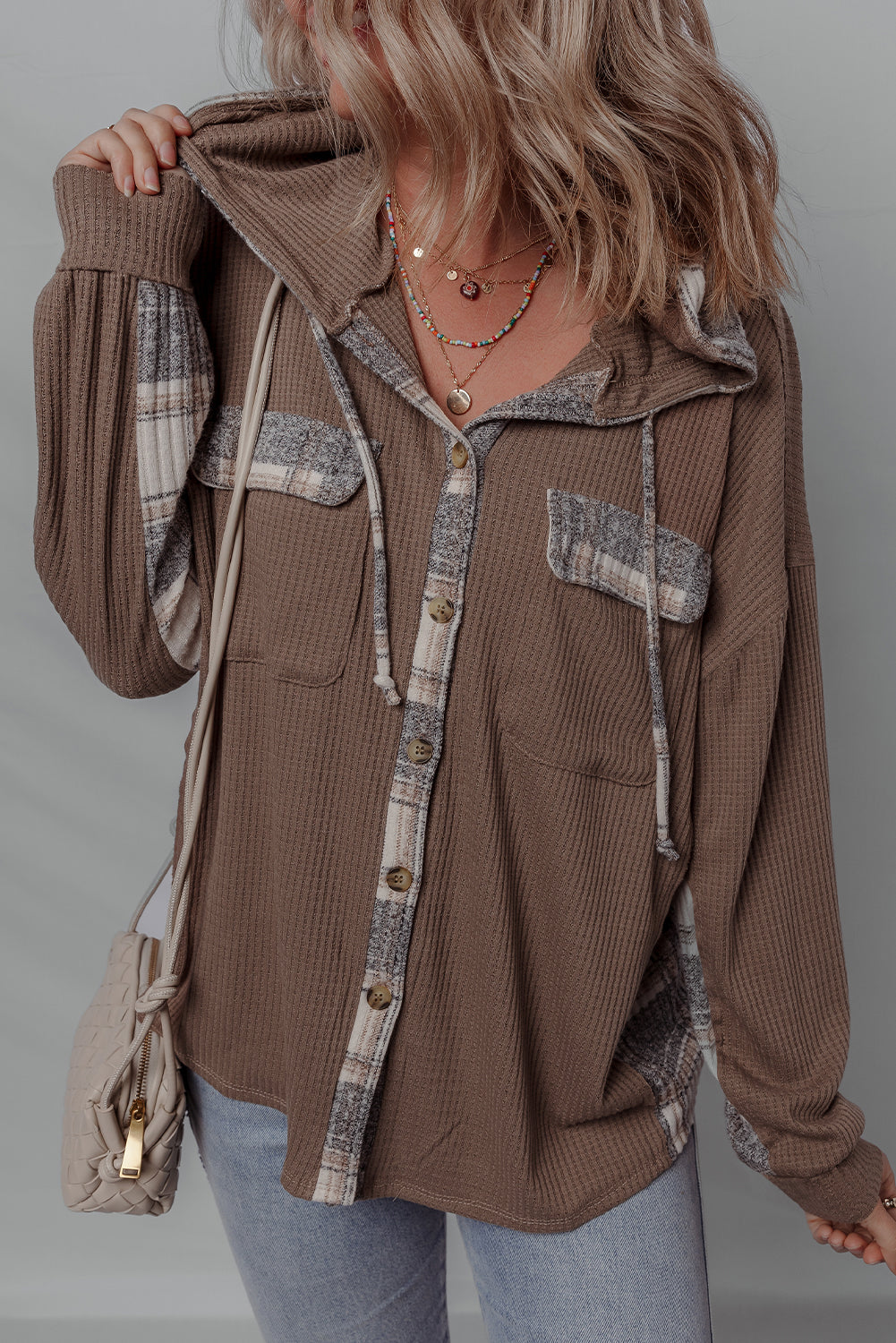 Plaid Button Down Drawstring Jackets
