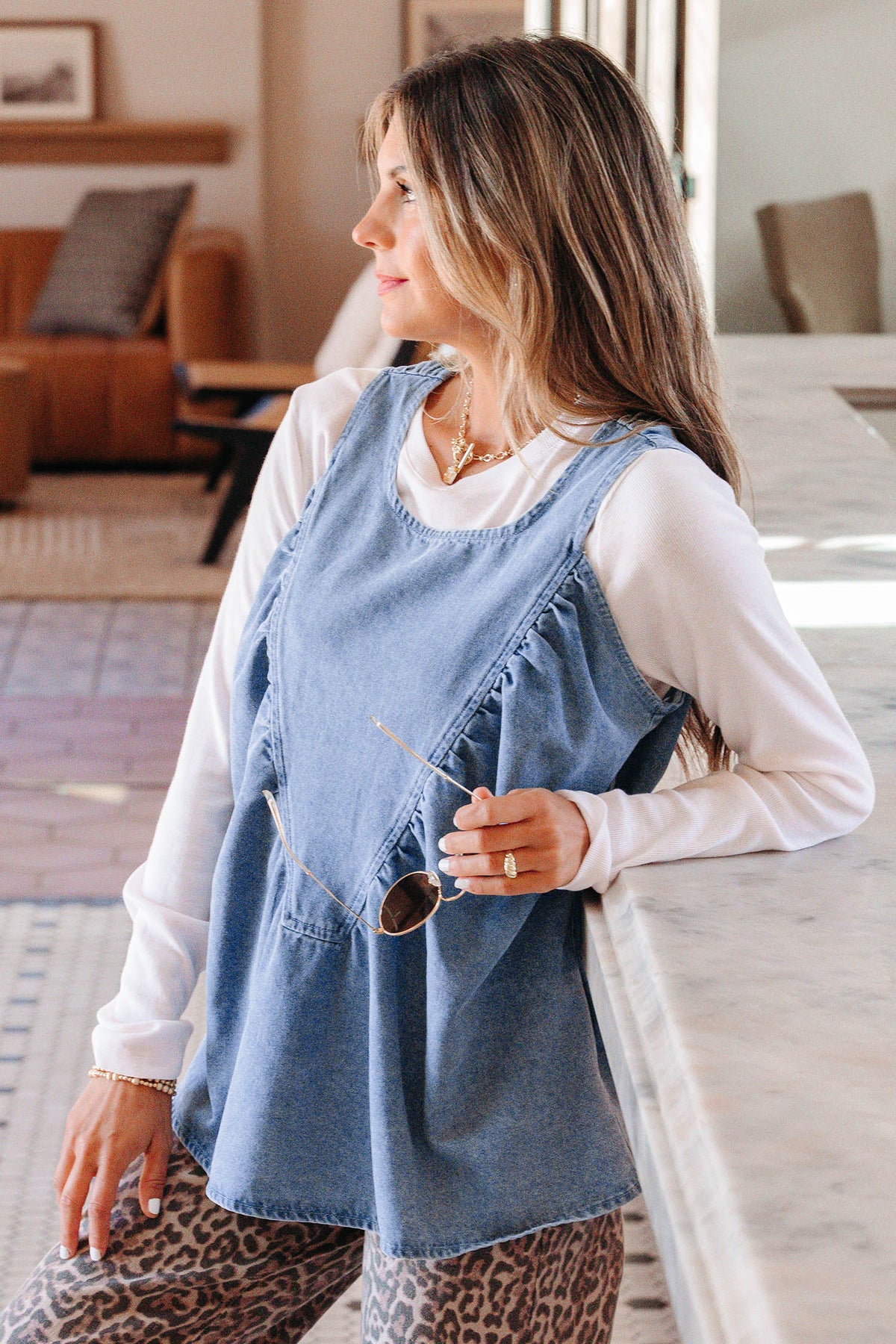 Denim Pleated Sleeveless Tank Top
