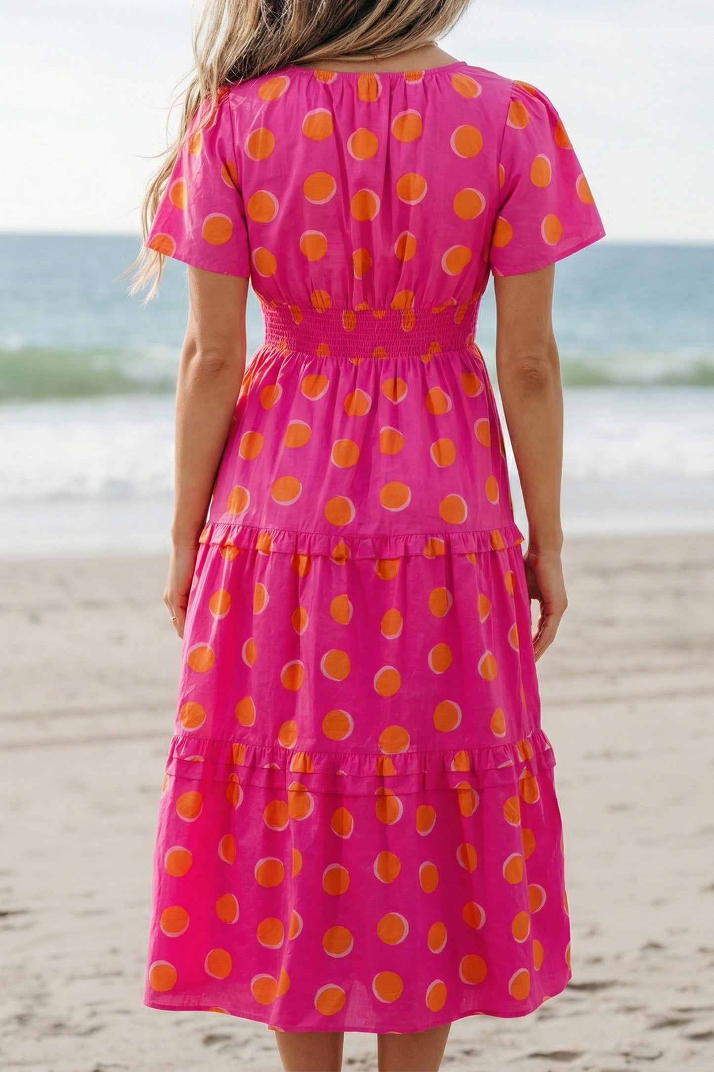 Polka Dot Shirred Midi Dress