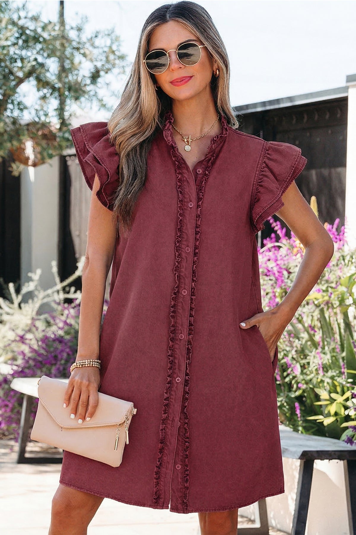 Sandalwood Ruffle Denim Mini Dress