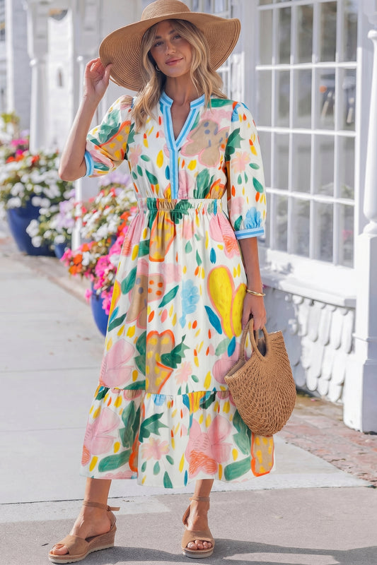 Doodle Striped V-neck Floral Dress
