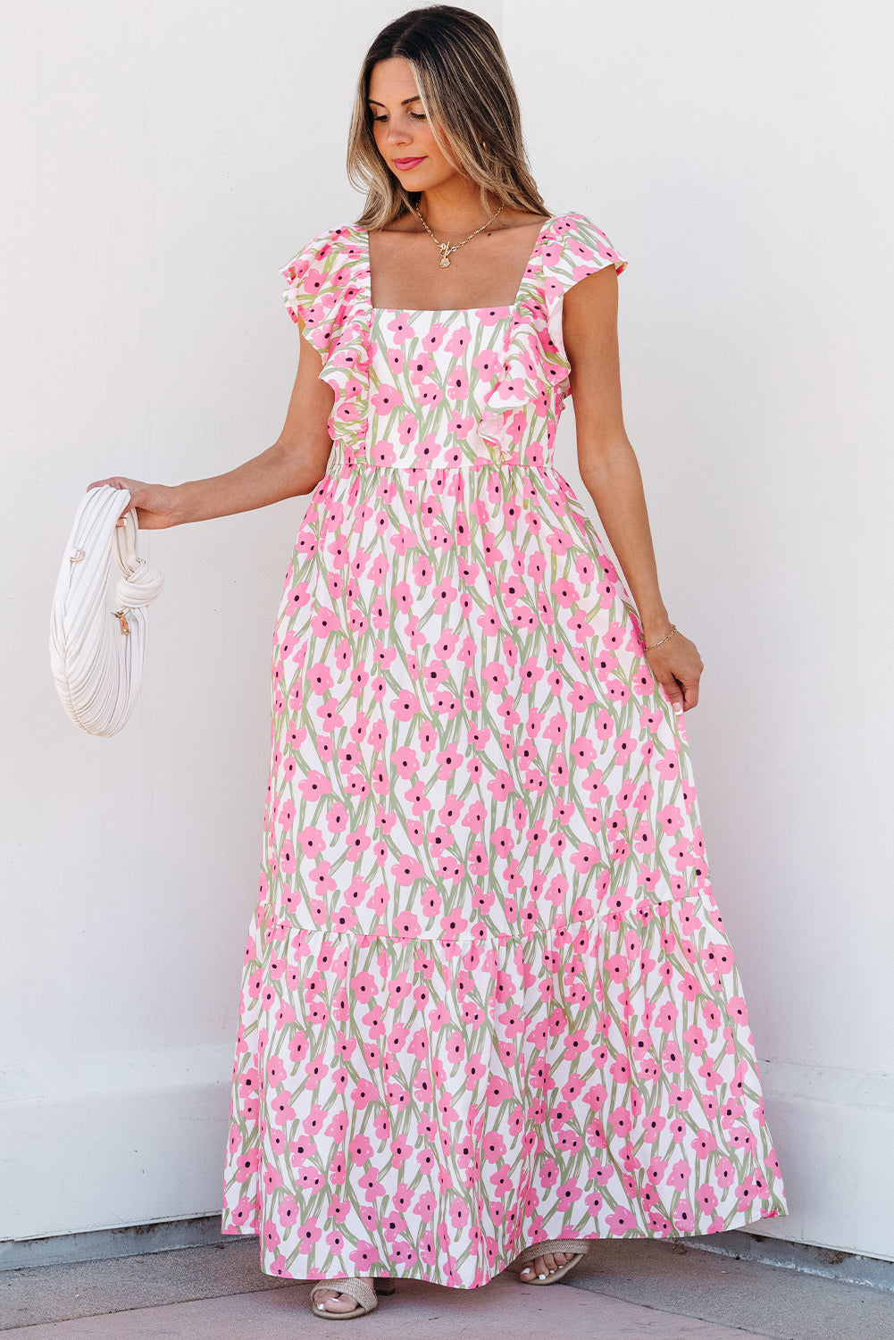 Square Neck Ruffled Floral Dress