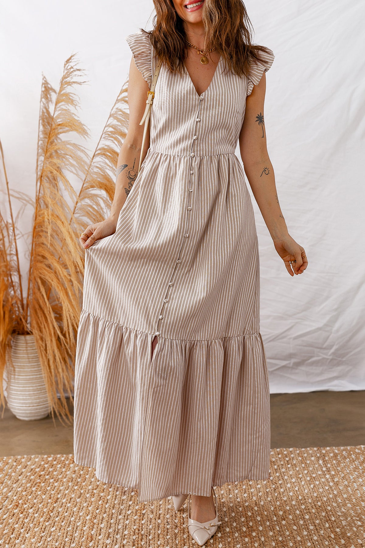 Stripe Flutter Sleeve Maxi Dress