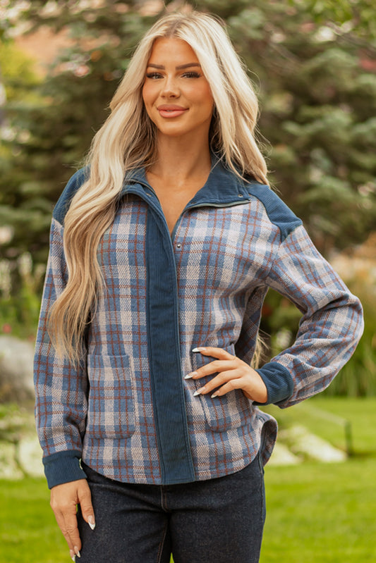 Corduroy Collared Button Plaid Shackets