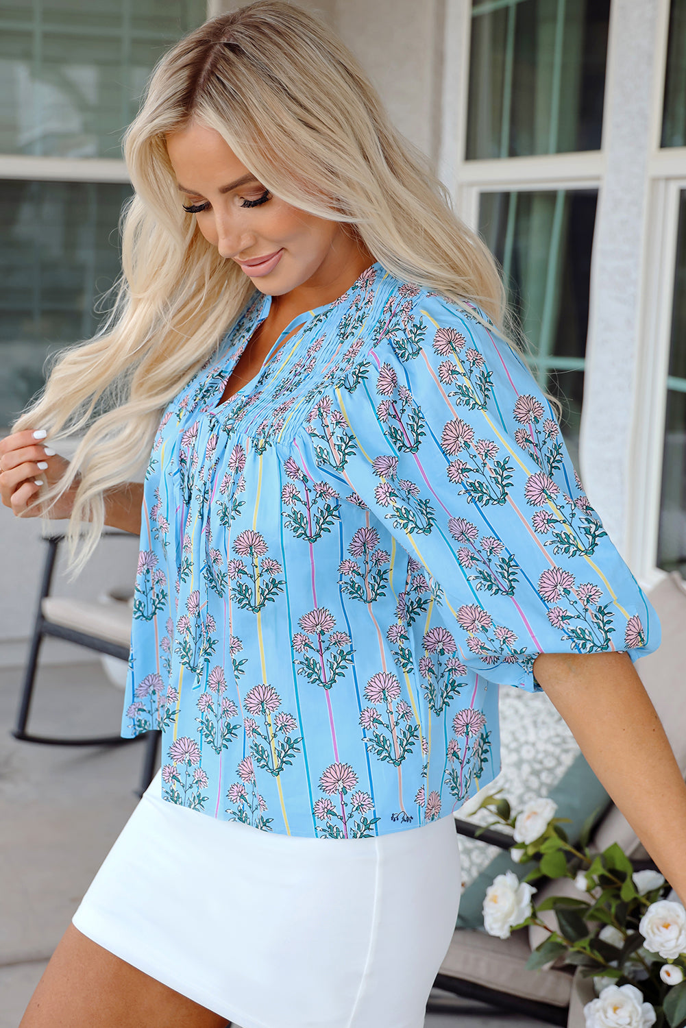 Floral Striped Shirred Yoke Blouse