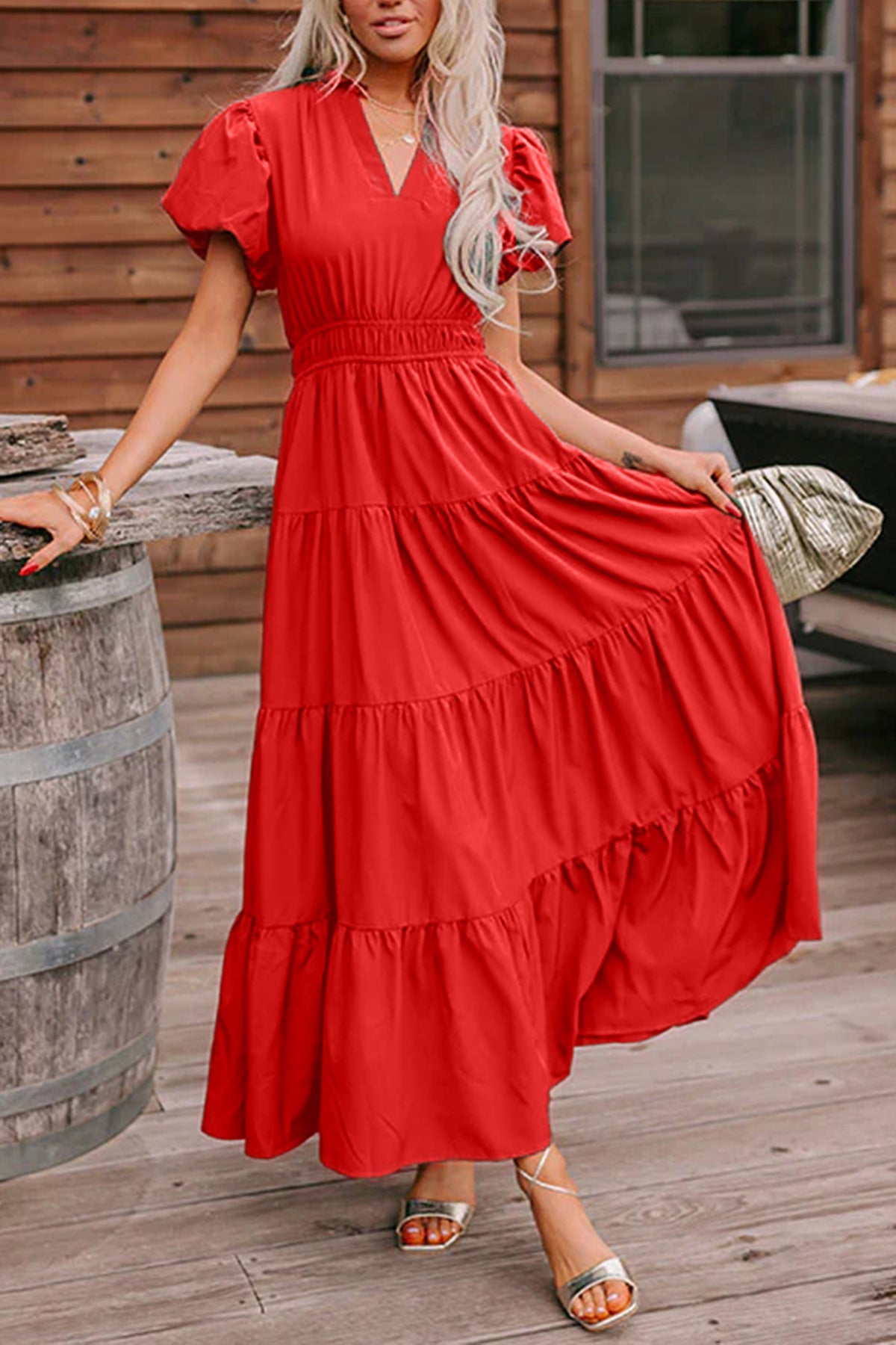 Puff Sleeve Tiered Maxi Dress