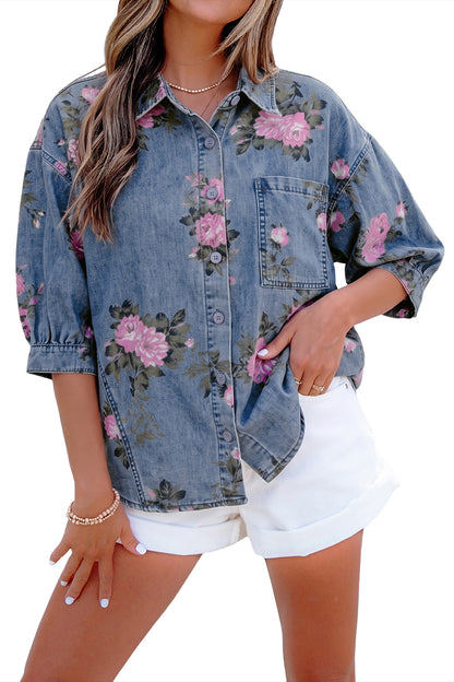 Bracelet Sleeve Floral Denim Blouse