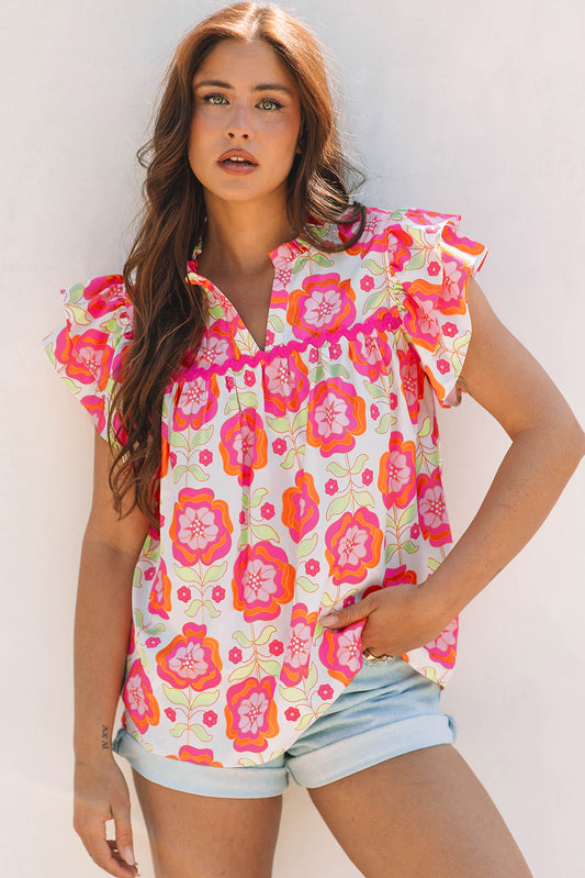 Floral Ruffled Sleeve Ric-rac Blouse