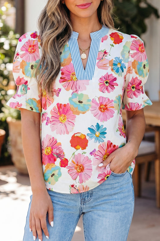 Floral Puff Sleeve Striped Blouse