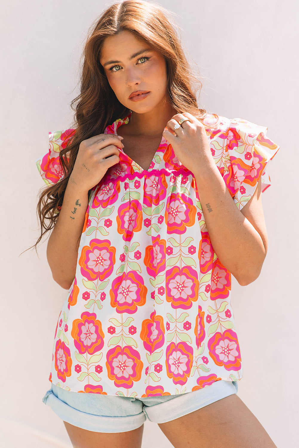Floral Ruffled Sleeve Ric-rac Blouse