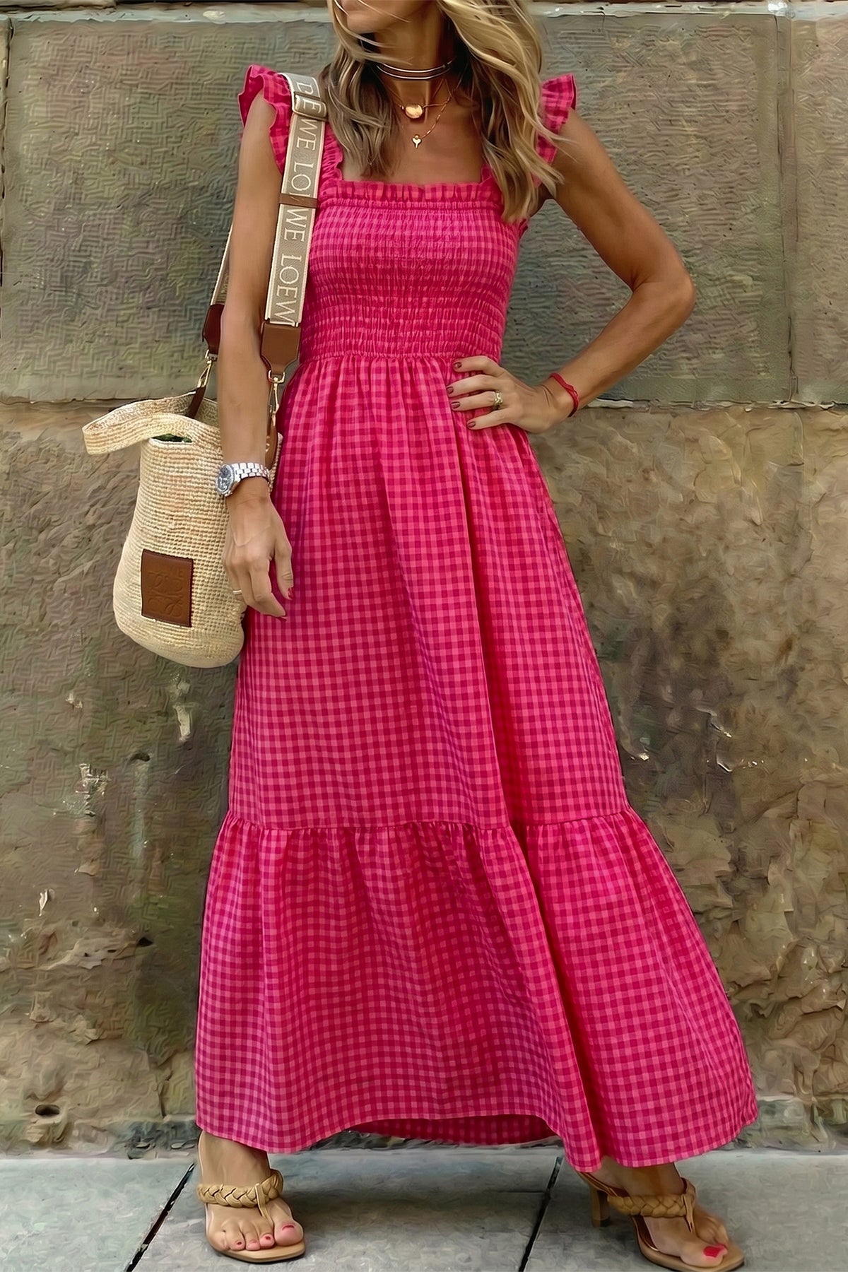 Plaid Square Neck Maxi Dress