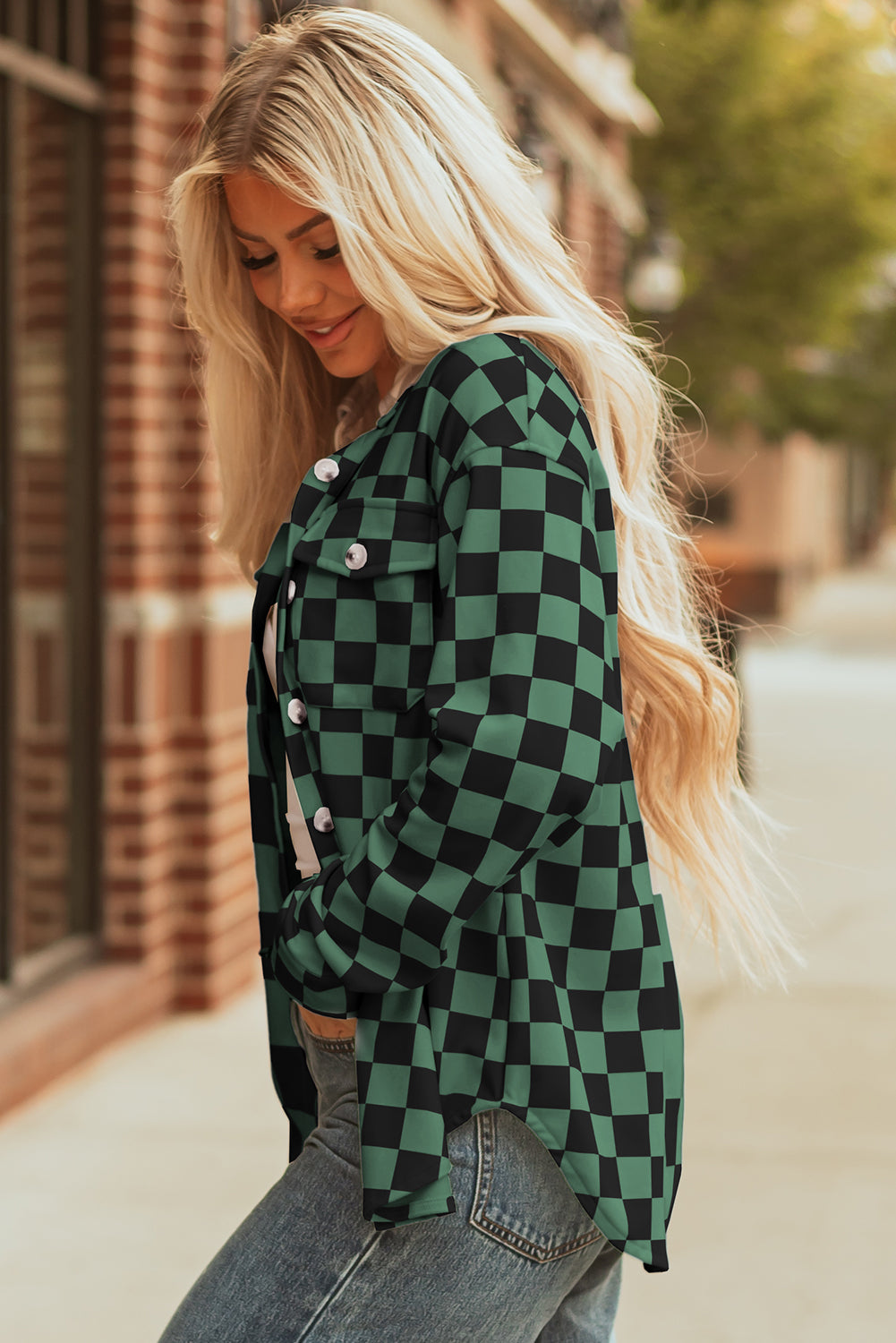 Checkerboard Button Front Plaid Shackets