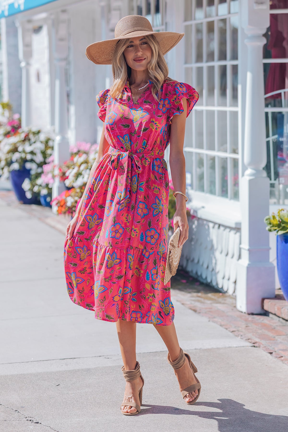 Flutter Sleeve Belted Floral Dress