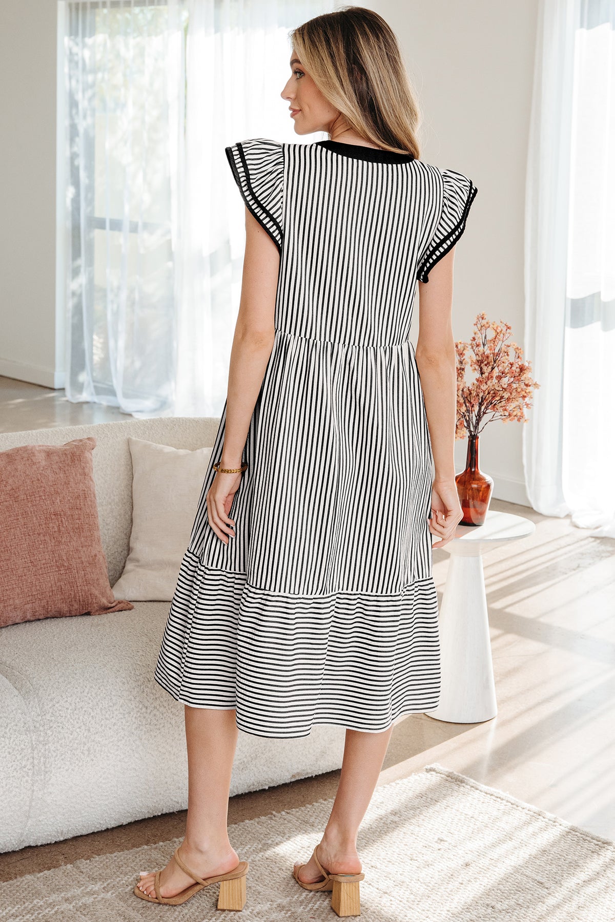 Stripe Ruffled V-neck Midi Dress