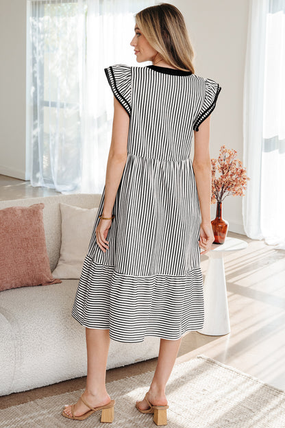 Brown Stripe Double Ruffled Short Sleeve Contrast Trim V Neck Midi Dress