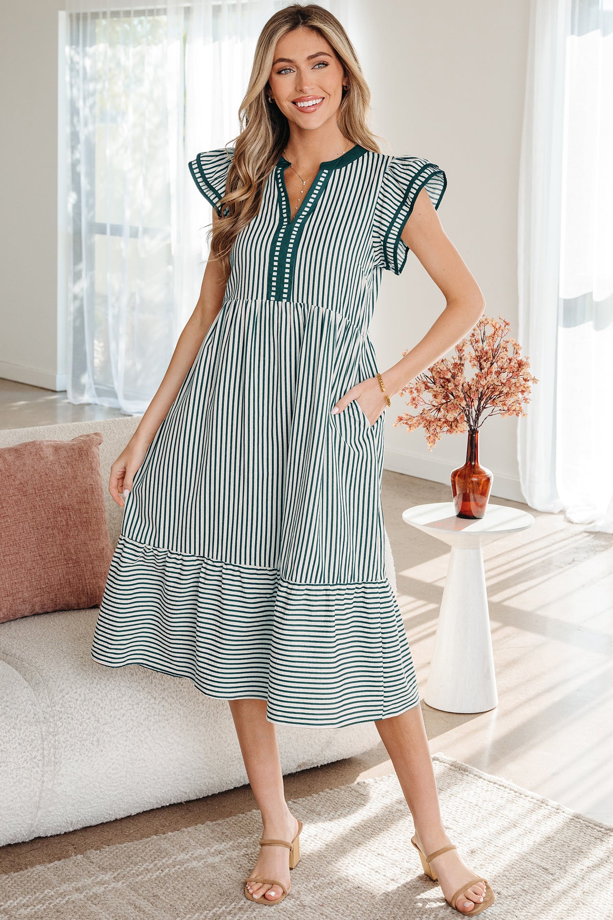Stripe Ruffled V-neck Midi Dress